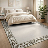 Beige and Neutral Border Ornate Floral Border Beige Area Rug