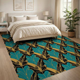 Teal Gold Art Deco Leaf Geometric Area Rug