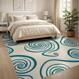 Teal Swirl Abstract Area Rug on Cream