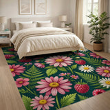 Raspberry Daisy Fern Fruit Pattern Area Rug