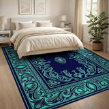 Navy Teal Ornate Floral Border Area Rug