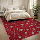 Floral Vintage Festive Red Snowflake Swirl Area Rug