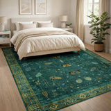 ODIKA Emerald Green Vintage Botanical Butterfly Washable Area Rug, Low Pile & Non-Slip