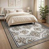 Beige and Neutral Elegant Beige Ornate Floral Area Rug