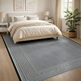 Intricate Black White Geometric Border Rug