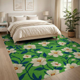 White Blossom Floral Green Area Rug