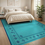 Teal Navy Geometric Border Area Rug