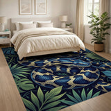 Coiled Blue Viper Snake Monstera Leaves Rug