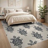 Grey Damask Floral Area Rug on Cream