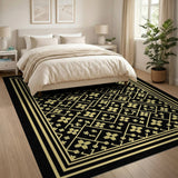 Gold Floral Lattice Black Area Rug
