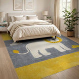 Cute Cartoon Lion Kids Area Rug in Yellow Gray