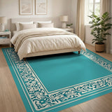 Ornate Teal Floral Border Blue and Teal Area Rug