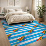 Rainbow Paper Planes Blue Striped Area Rug