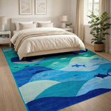 Kids Cartoon Blue and Teal Whimsical Whale Ocean Kids Area Rug