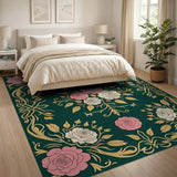 Ornate Pink White Rose Floral Vintage Area Rug