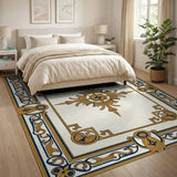 Ornate Gold Navy Bordered Ivory Area Rug