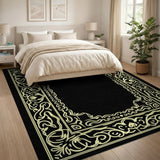 Gold and Silver Traditional Persian Ornate Gold Filigree Black Area Rug