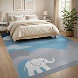 ODIKA Blue Elephant Starry Night Washable Nursery Rug, Low Pile Non-Slip Kids Area Rug