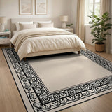 Black and White Ornate Black Floral Frame Beige Area Rug