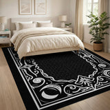 Ornate Crescent Moon Floral Border Black White Rug