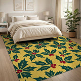 Festive Holly Leaves Berries Yellow Area Rug