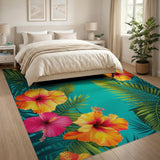 ODIKA Tropical Hibiscus Washable Rug - Teal Palm Leaf Low Pile Non-Slip Area Carpet