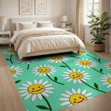 Cheerful Smiling Daisies Green Area Rug