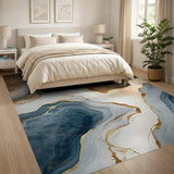 ODIKA Abstract Marble Agate Blue & Gold Washable Low Pile Non-Slip Area Rug