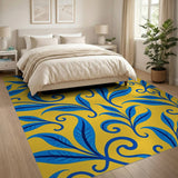 Vibrant Blue Leaves on Yellow Area Rug