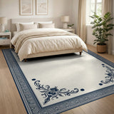 Navy Greek Key Border Area Rug with Floral Corners
