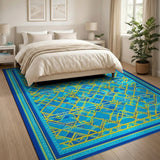 Modern Teal Blue Geometric Area Rug with Yellow Accents