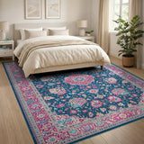 Navy Persian Area Rug with Pink Floral Motifs