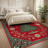 Vintage Christmas Tree Washable Area Rug - Red & Green Non-Slip Holiday Decor