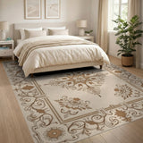 Ornate Beige Persian Area Rug with Floral Medallion