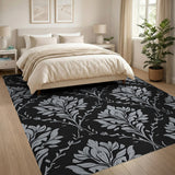 Elegant Black Silver Damask Floral Area Rug