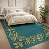 Ornate Teal Gold Filigree Border Area Rug