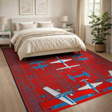 Retro Airplane Grid Red Area Rug