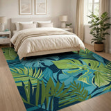 Washable Tropical Palm Leaf Area Rug - Blue & Green Low Pile