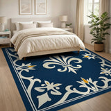 Navy Blue Fleur-de-Lis Area Rug with Ornate Borders