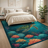 Blue and Teal Teal Sea Turtle Coral Reef Area Rug