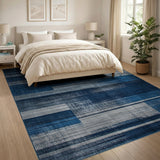 Distressed Navy Blue Grey Striped Area Rug