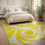 ODIKA Yellow Lemon Swirl Washable Low Pile Area Rug - Non-Slip & Pet Friendly