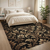 Luxury Gold Floral Damask Area Rug - Black