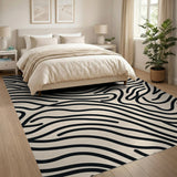 Black and White Wavy Black Lines Abstract Area Rug