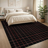 Black Area Rug with Bold Red Grid Pattern