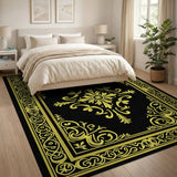 Gold and Silver Ornate Gold Floral Frame Black Area Rug