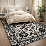 Beige and Neutral Intricate Black Floral Persian Area Rug