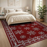 Red Snowflake Area Rug with Ornate Floral Border