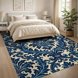 Navy Blue Damask Floral Scroll Area Rug