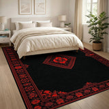 ODIKA Washable Gothic Skull Medallion Area Rug - Black & Red Vintage Floral Low Pile